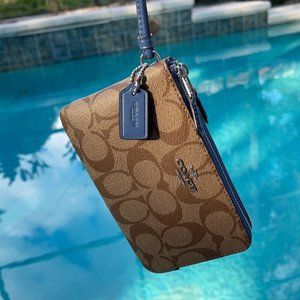 Coach Signature PVC Double Corner Zip Wristlet Khaki/Stone Blue